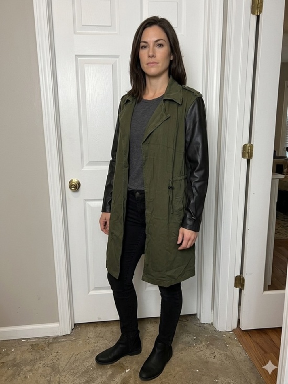 Torrid 0 Twill Canvas Drawstring Jacket Green Olive Faux Leather Sleeve L 12